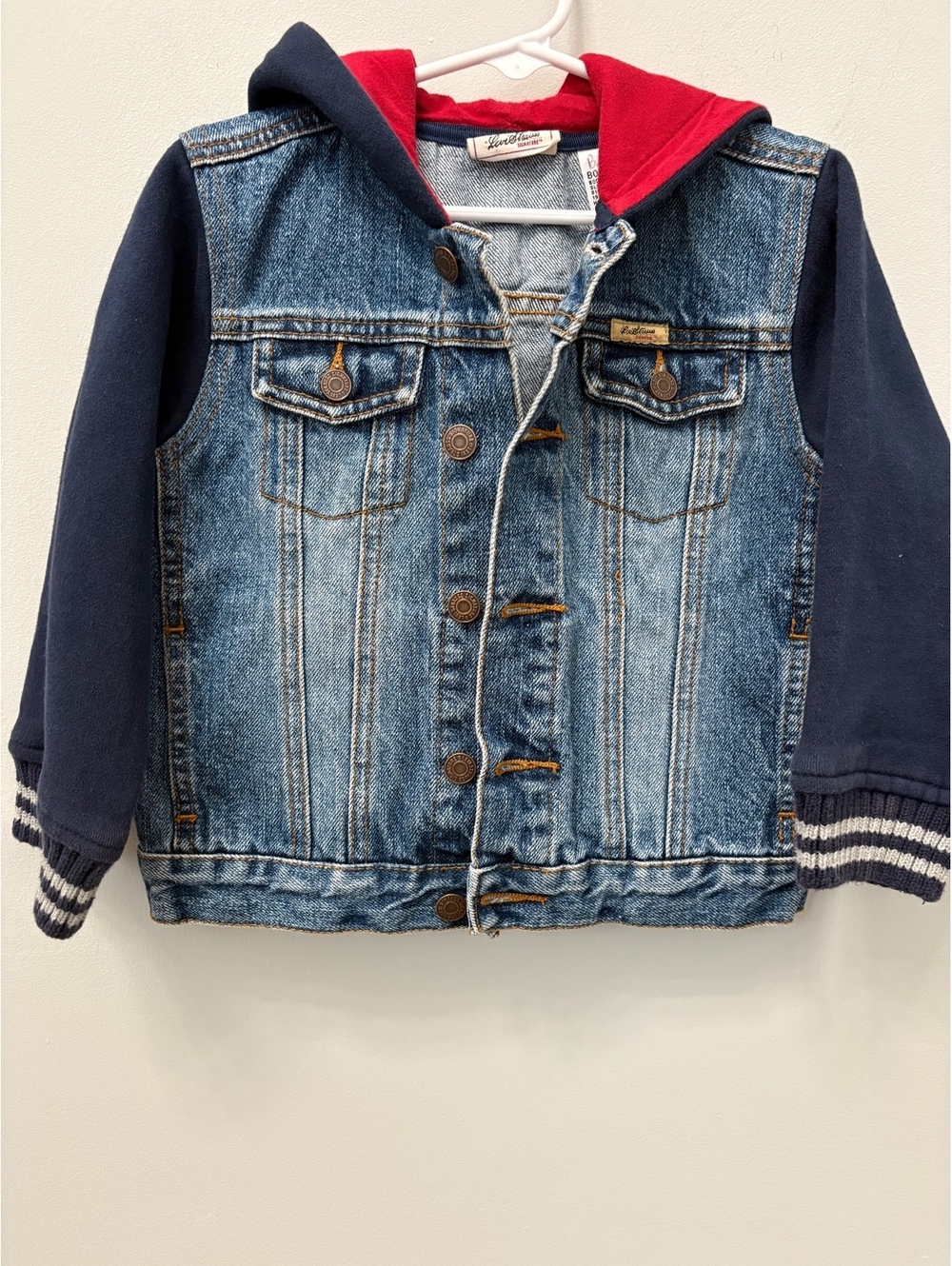Levi's Signature Boys 4T Denim Jacket with Navy Sleeves and Red Hood